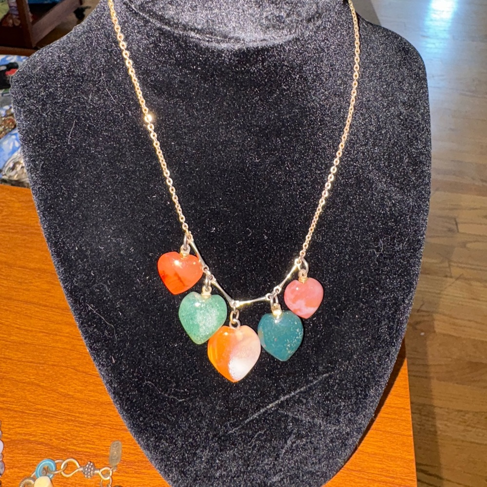 Vintage Gold Heart Pendant Necklace with Multicolor Charms